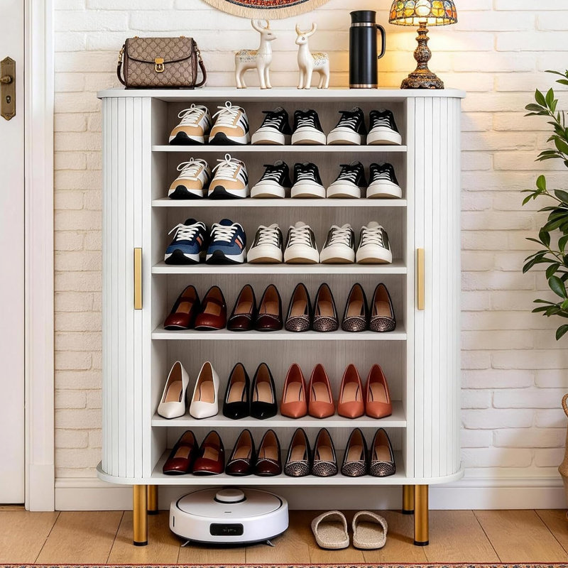 24 Pair Shoe Storage Cabinet, 31.5 Inch 6-Tier Shoe Cabinet with Adjustable Shelves & Sliding Doors, Mid-Century Modern Freestanding Shoe Storage Organizer for Entryway, Hallway, Living Room