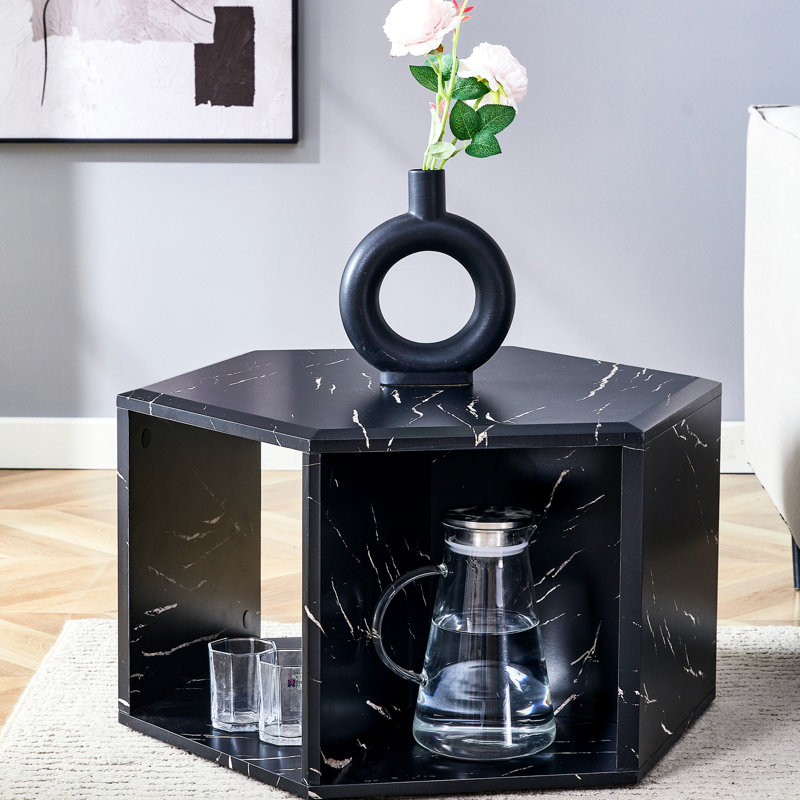 Table basse hexagonale, autocollants à motifs rares, options de rangement multiples, surface lisse et processus d'entretien facile, mode moderne, couleur noire disponible, nature porteuse stable, debout pour