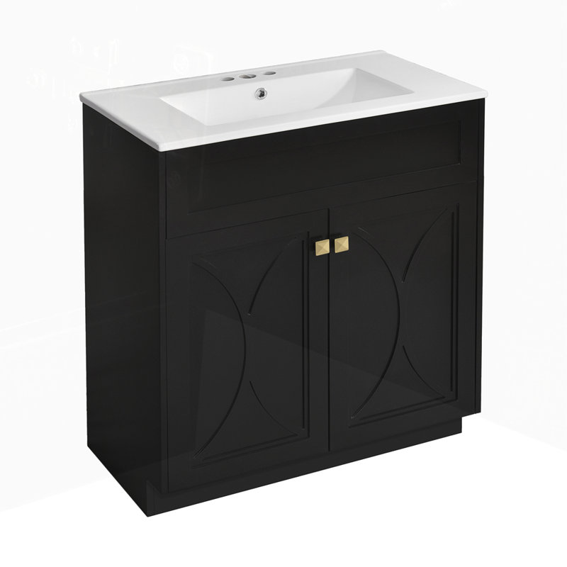 Meuble-lavabo autoportant avec poignées en céramique, Noir, noir, noir, noir