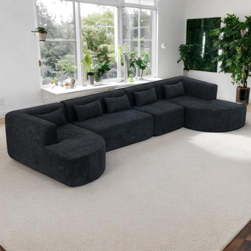 Canapé modulaire Boucle avec méridiennes incurvées et support de coussin à ressorts ensachés, revêtement doux et respirant pour le salon