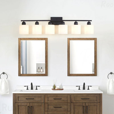 Éclairage pour meuble-lavabo de salle de bain noir mat 6 lumières avec abat-jour en verre blanc laiteux