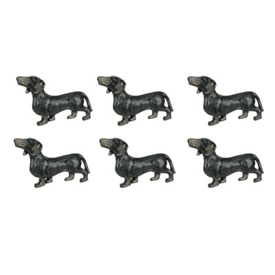 Black cast iron set of 6 dachshund drawer pulls for cabinets and drawers — 3" W x 2.5" D x 2" H