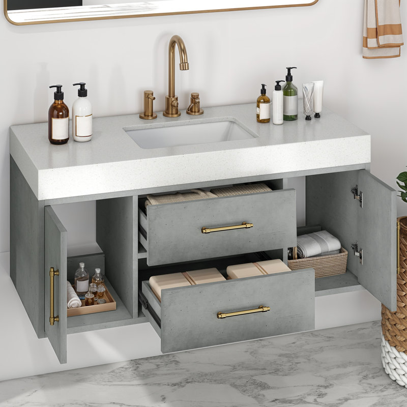 Meuble-lavabo mural 48 po avec comptoir en pierre de quartz et lavabo en céramique Balconera, Gris