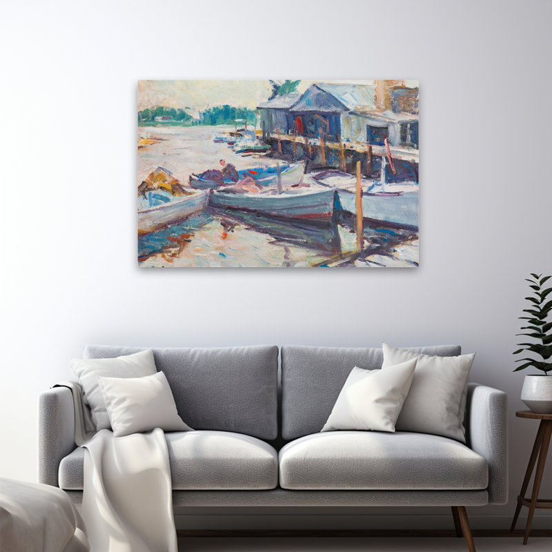 Poissons, art côtier, bateaux, paysages, H 32 po x l 48 po