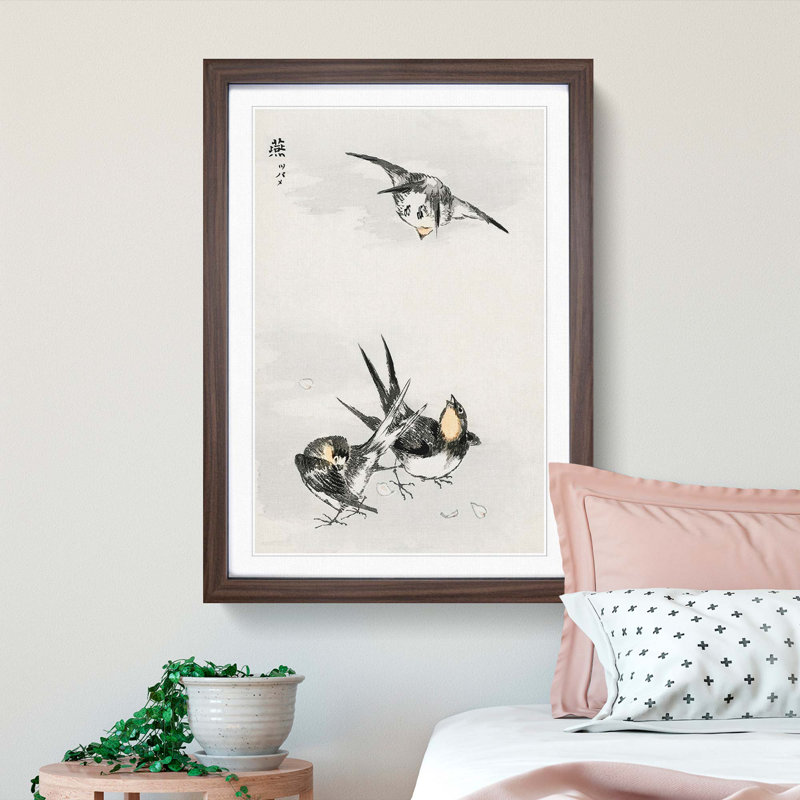 Three Swallows by Numata Kashu - Framed Print, 50cm H x 35cm W x 2cm D, Walnut