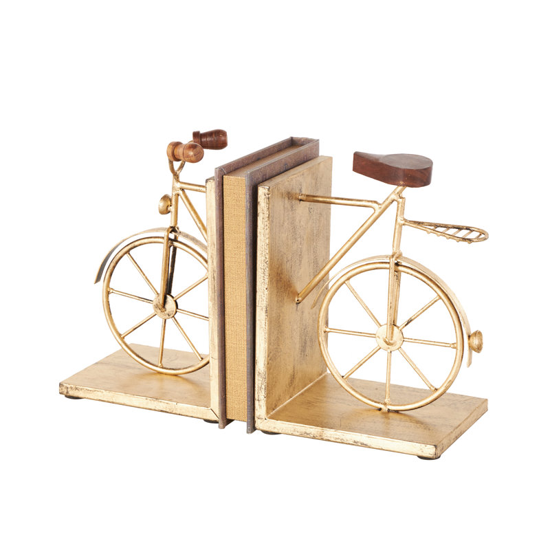 Ensemble de serre-livres en métal avec décorations en bois, Or
