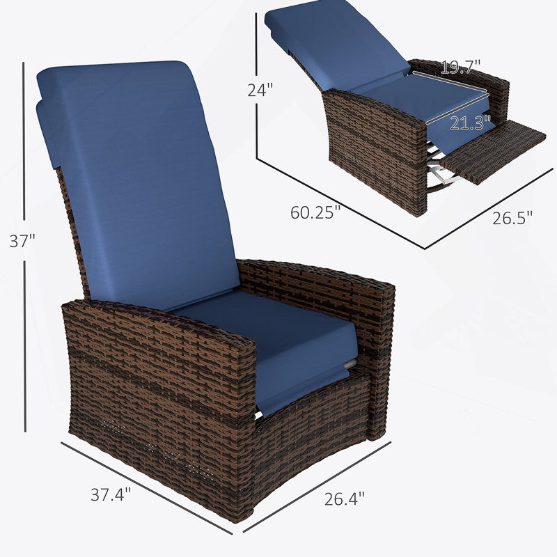 Chaise d'extérieur, Fauteuil inclinable pivotant d'extérieur, Coussin bleu foncé / cadre brun