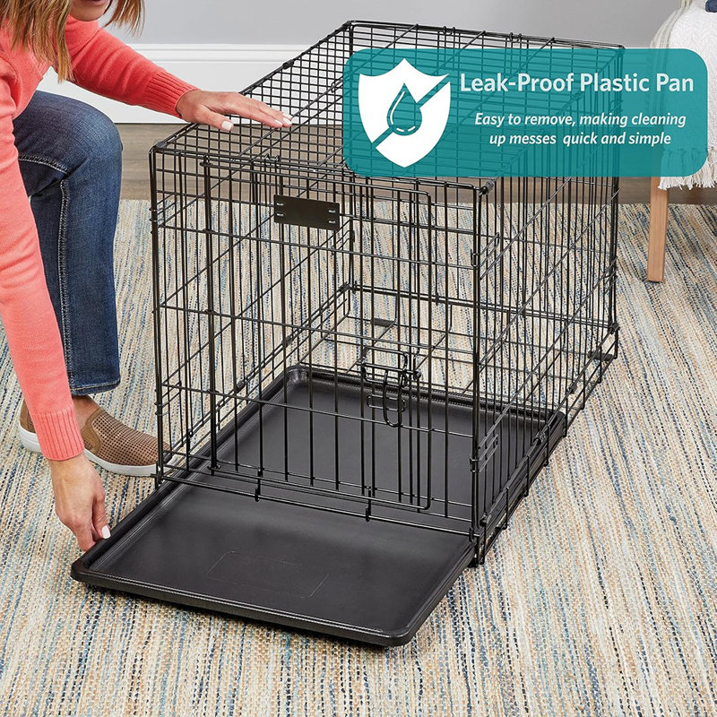 Caisse pour chien pliante à double porte avec panneau de séparation - noir, race moyenne (21 à 40 lb), fabrication en fil métallique durable, plateau portatif et étanche, style fonctionnel moderne