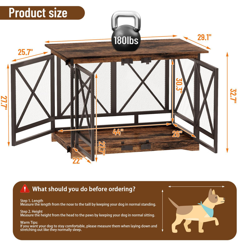 48 Inch Heavy Duty Wooden Dog Crate Furniture for XLarge Dogs - Double-Door Kennel with Modern End Table Design, Brown