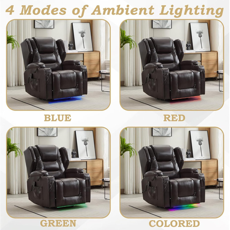 Brown Faux Leather Swivel Recliner with Massage and LED Lights