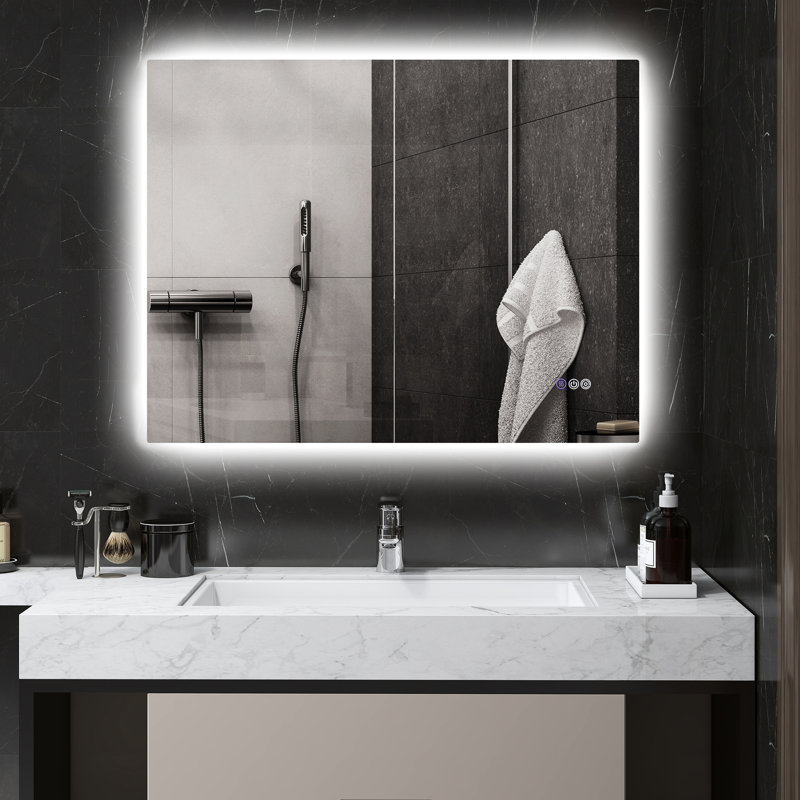 Miroir de salle de bain 35 po x 28 po avec brouillard, luminosité réglable, température de couleur réglable, mémoire, montage mural, horizontal / vertical, Cri90 +, film résistant à l'eau, imperméable, lumières en aluminium, interchangeable, monté,