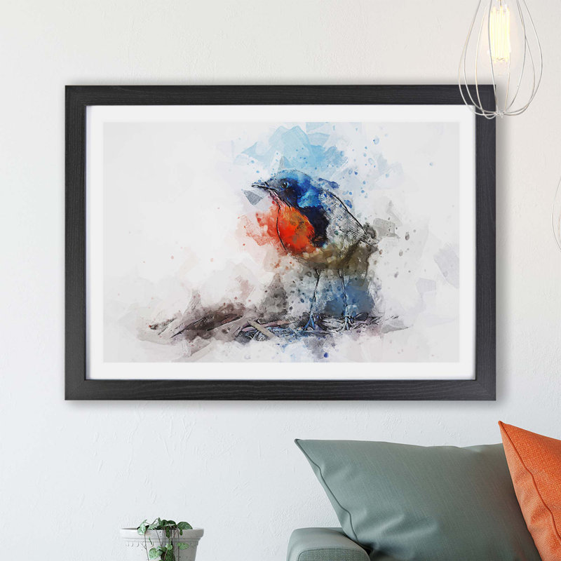 Robin Bird - Single Picture Frame Painting, 45cm H x 63cm W x 2cm D, Black