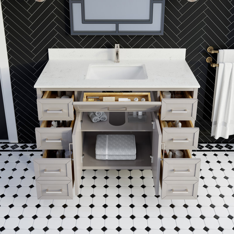 Ensemble de meuble-lavabo simple en bois massif l 48 po x P 22 po Terrence II avec rangement furtif et plateau en pierre reconstituée