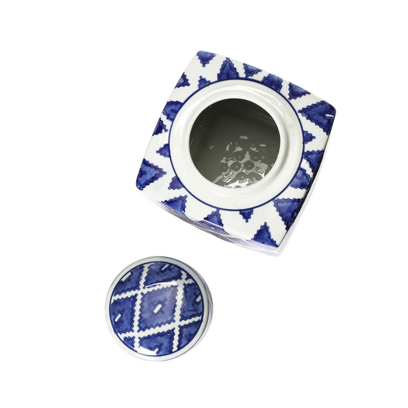 Blue and White Ceramic Diamond Pattern Ginger Jar with Lid