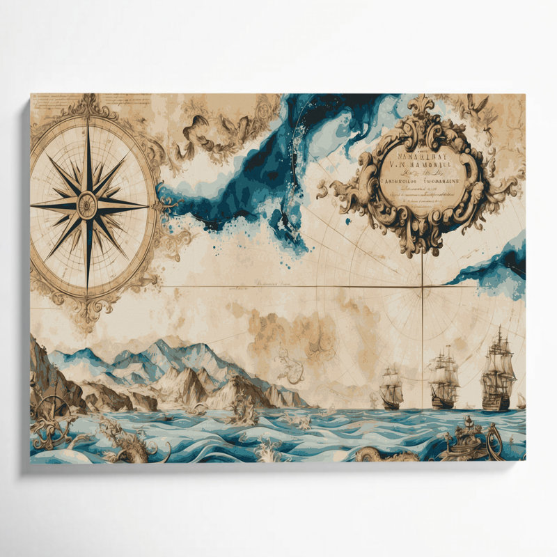 «Coastal Nautical Map Plus», art mural sur toile beige, H 8 po x l 10 po