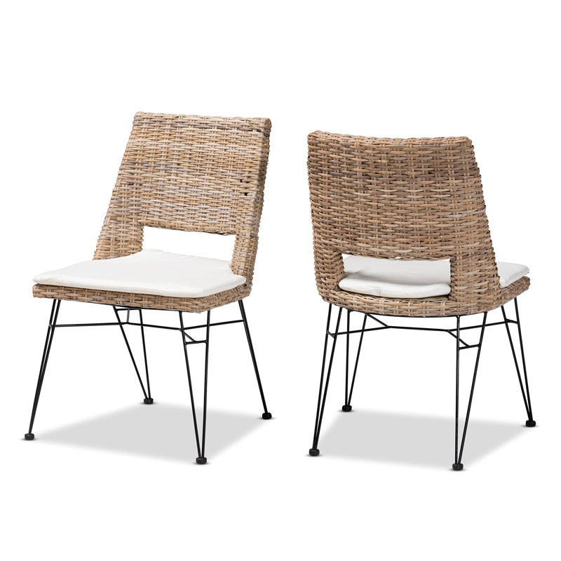 Ensemble 2 pièces de chaises de salle à manger modernes en métal et en rotin naturel délavé gris bohémien