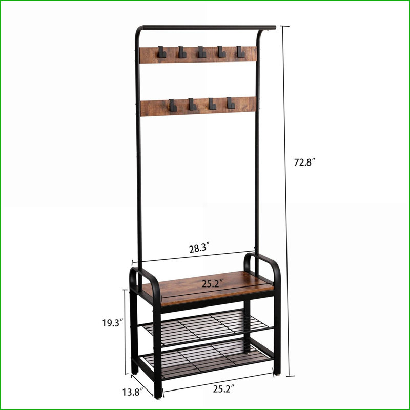 Portemanteaux pour vestibule, portemanteau 4 en 1 avec banc à chaussures, 9 crochets et amp; Tige suspendue, brun rustique | 15 po x 28 po x 71 po | Brun | Bois aggloméré + métal