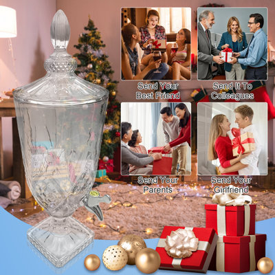 3L Beverage Dispenser with Stainless Tap, Glass Drink Dispenser for Parties, Glass Iced Drink Dispenser with Wide Mouth for Party Wedding Home Picnic Birthday