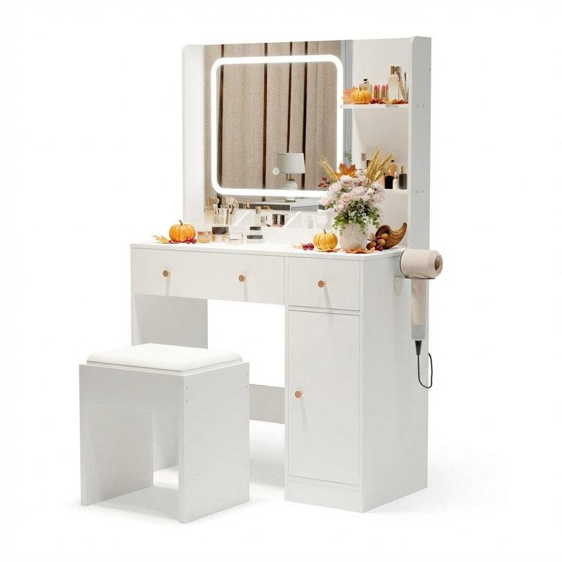 Bureau de meuble-lavabo, miroir de coiffeuse avec lumières à DEL, 3 modes de couleur, coiffeuse de maquillage avec prise de courant 2 AC 2 USB, meuble-lavabo avec 2 tiroirs