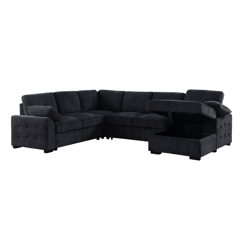 Dark Gray Chenille L-Shaped Medium-Firm 5 Sectional, Pull-Out , Storage Chaise, And Toss Pillows, Dark Gray Chenille