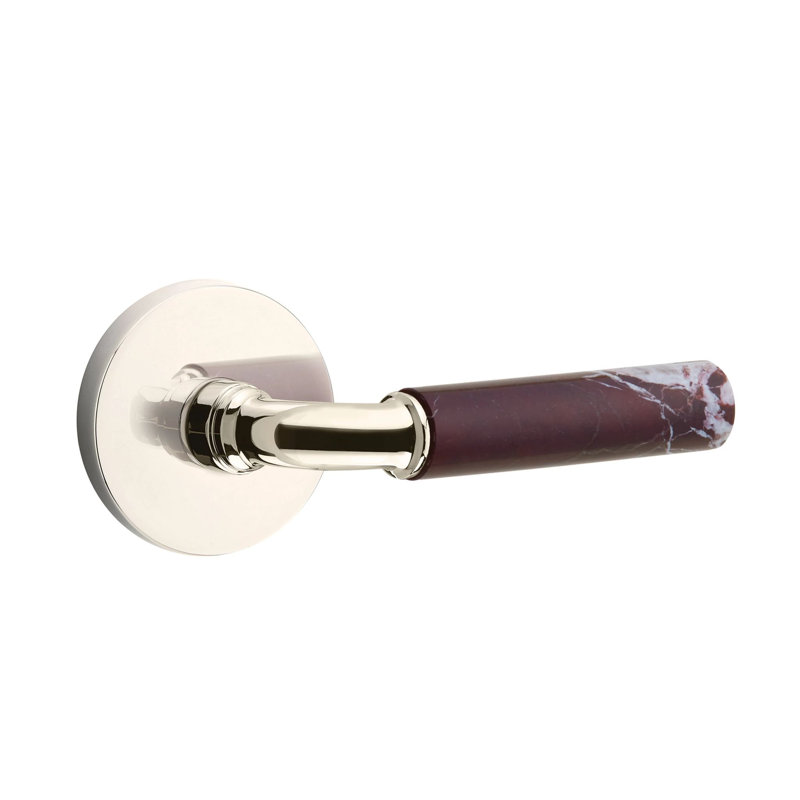 Emtek Select Privacy Leverset w/ Disk Rosette & R-Bar Stem, Rosso Levanto Marble Lever (CF), Polished Nickel