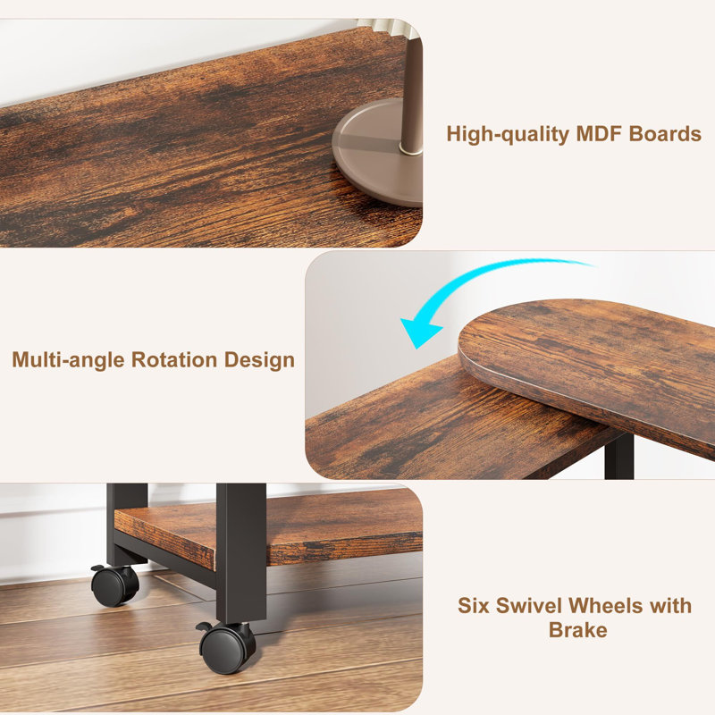 360° End Table Rotating Sofa Side Table with Charging Station Swivel Side Table with Extra Storage Bag Movable End Table with 6 Swivel Wheels with Brakes for Bedroom Living Room