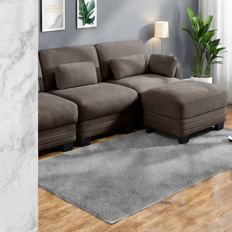 Canapé d'angle à compression, canapé 2 places en chenille marron avec 2 poufs, style moderne