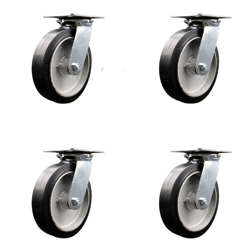8 Inch Rubber on Aluminum Caster Set with Ball Bearings and Swivel Locks SCC