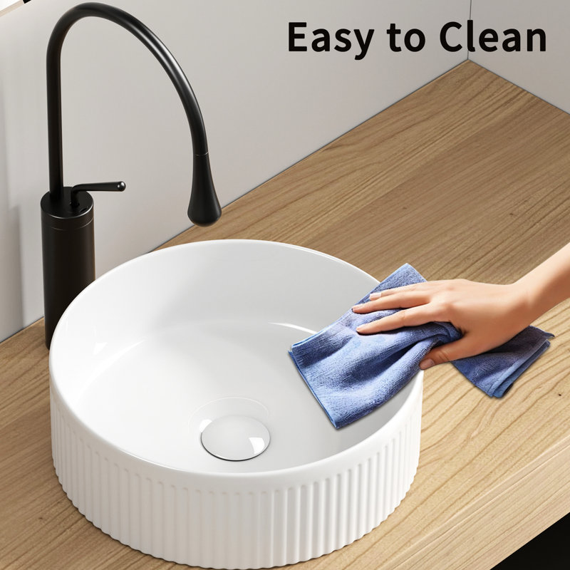 14 Inch Round Porcelain Ceramic White Vessel Sink, Vertical Stripes And Elegant Design, Easy To Clean For Bathroom Vanity Modern With Stripes, Maintenance Cabinet