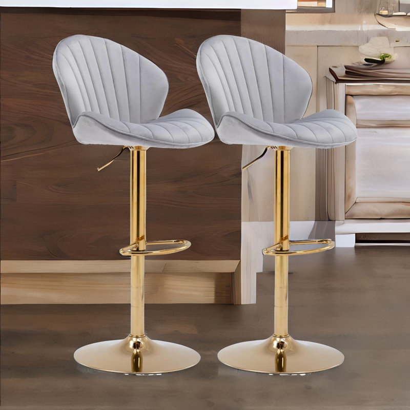 Ayeisha Height Adjustable Swivel Bar Stool With Back & Footrest Grey Gold