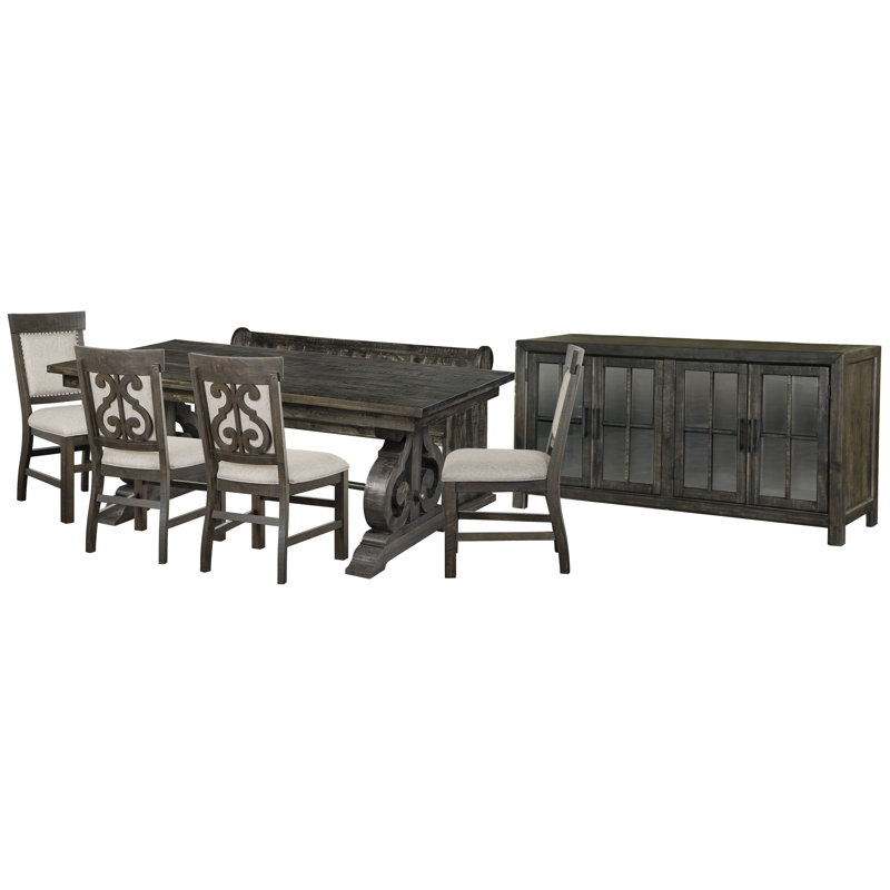 Extendable Rectangular Dining Table With 4 Upholstered Side Chairs Bench And Buffet, 7 Pieces: Table, Bench, Buffet, 4 Chairs