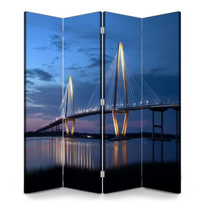 4 Panels Folding Screen Room Divider Royal Ravenel Bridge Cooper River Bridge Canvas Screen Room Separator Freestanding Protective Wall Divider Privacy Partition