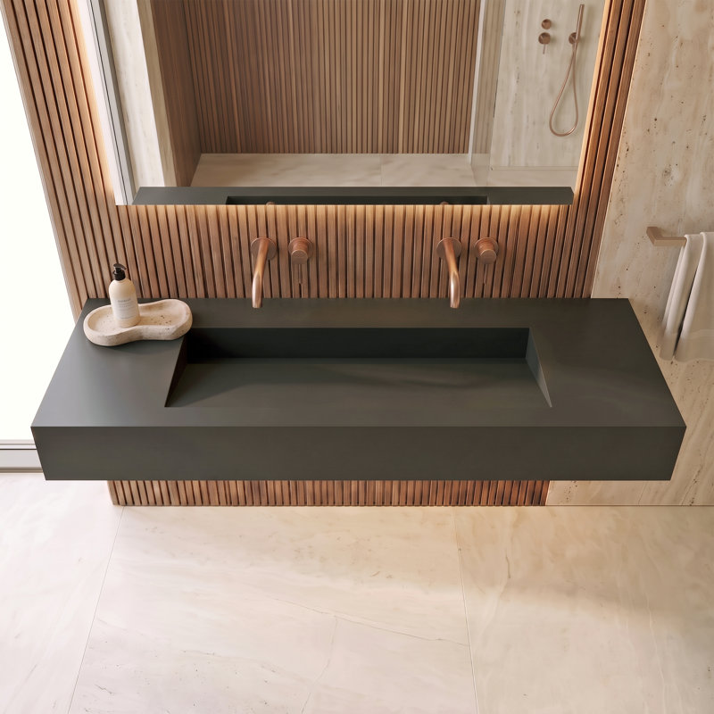 Lavabo de salle de bain mural rectangulaire 60 po Pyramid à surface solide en finition matte - noir, sans trous de robinet