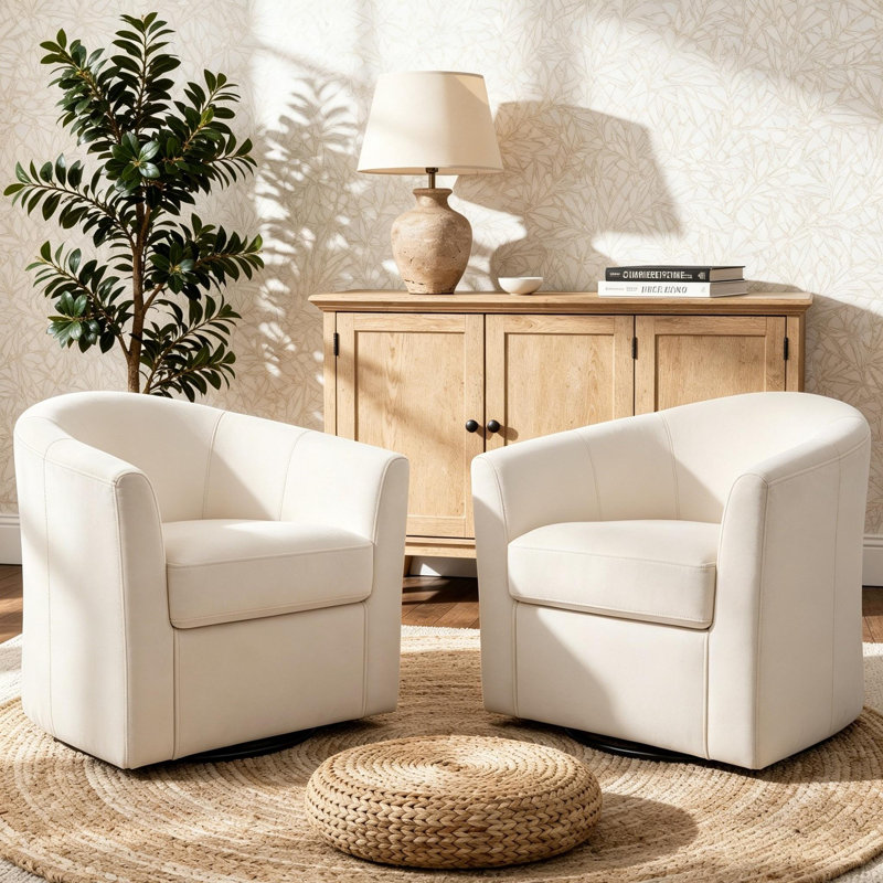 Upholstered Ivory Velvet Swivel Barrel Chair, Ivory