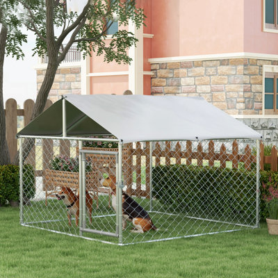 Large Dog Kennel Outside, Heavy Duty Dog Cage With Waterproof Cover, Outdoor Fence Dog Run With Galvanized Chain Link, Secure Lock, 6.6' X 6.6' X 4.9'