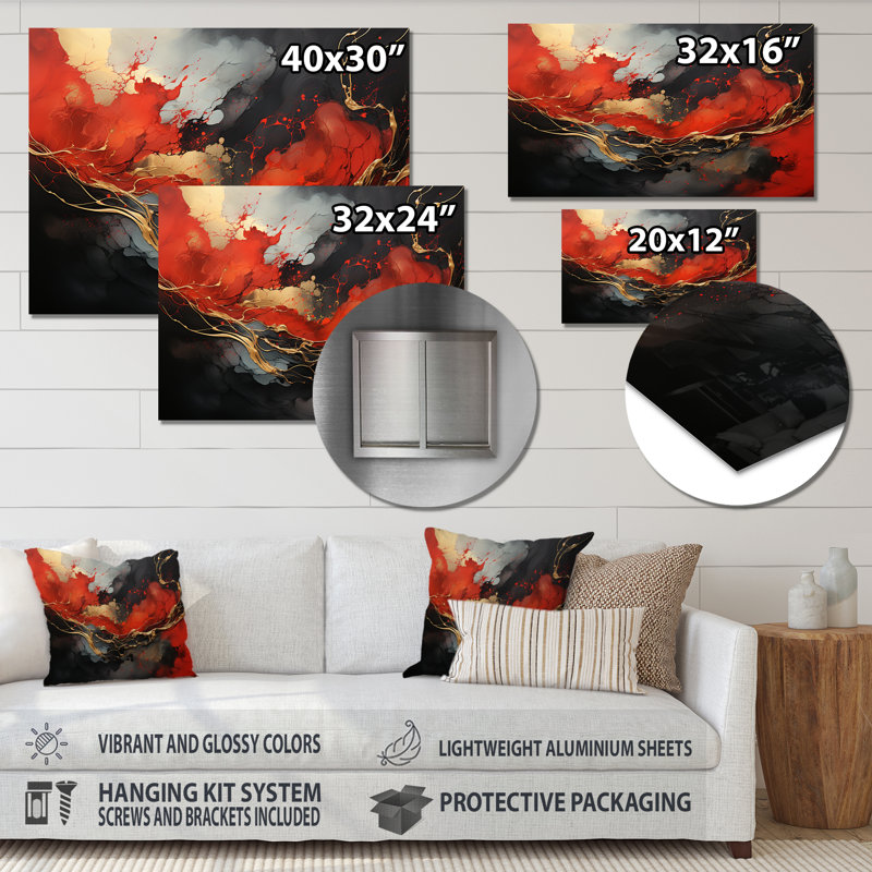 Rouge et or feu de marbre III - art mural abstrait en métal MT137138, H 12 po x l 20 po x P 1 po