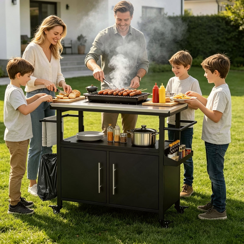 Outdoor Grill Cart with Patio Furniture, Outdoor Grill Table with Storage, Rolling Bar Cart Outdoor BBQ Cart with Towel Rack and Spice Rack for Grilling Accessories