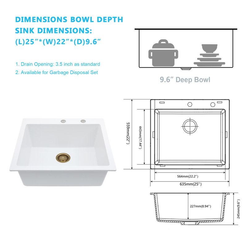 25'' L x 22'' W Quartz Drop-In Kitchen Sink, Granite Composite Single Bowl Kitchen Sink with Bottom Grid, Strainer and Roll-up Rack
