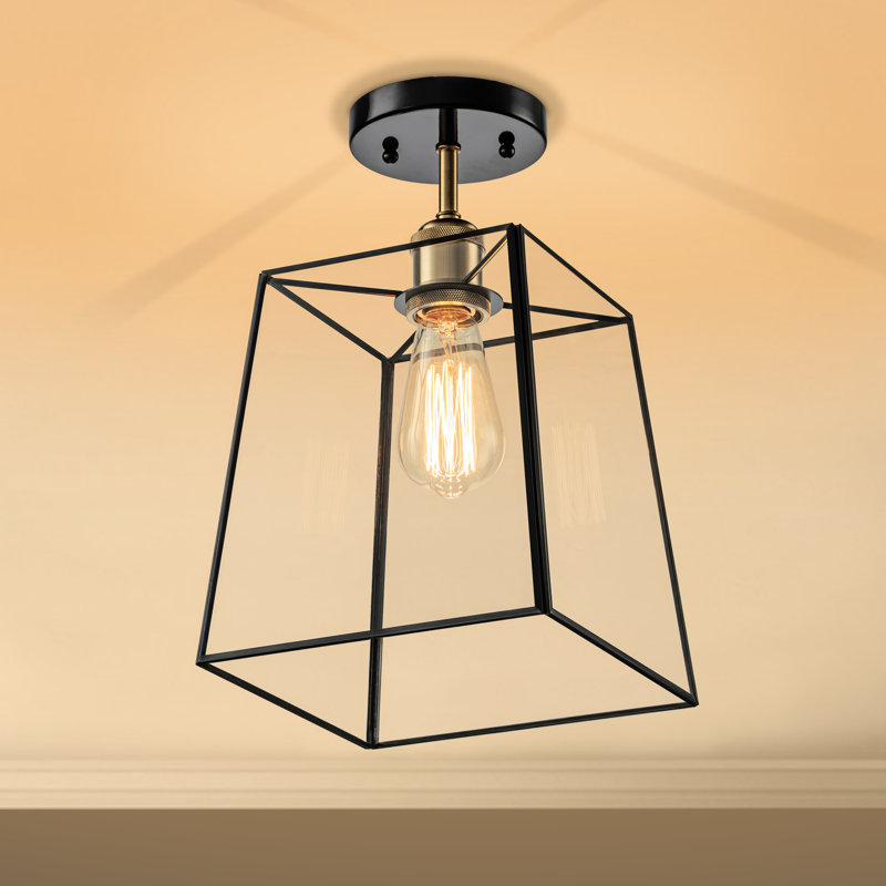 1-Light+Brass Semi-Flush Mount Ceiling Light With Tempered Glass Shade, Black