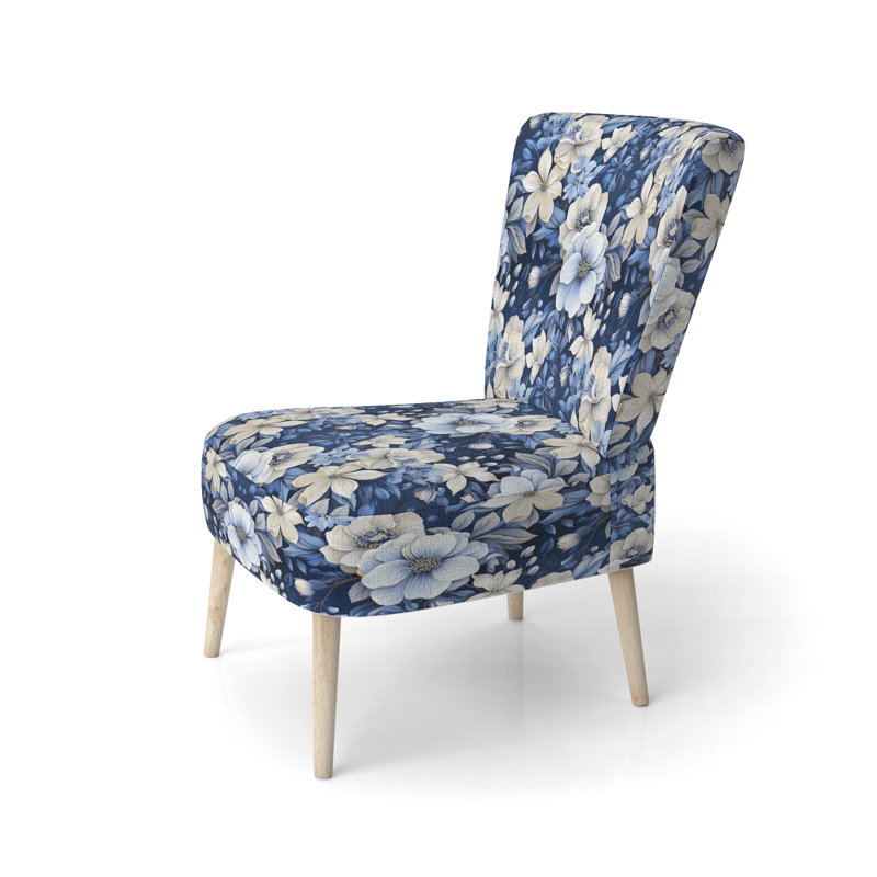 Chaise d'appoint en velours bleu et blanc à motif floral V - Cottage