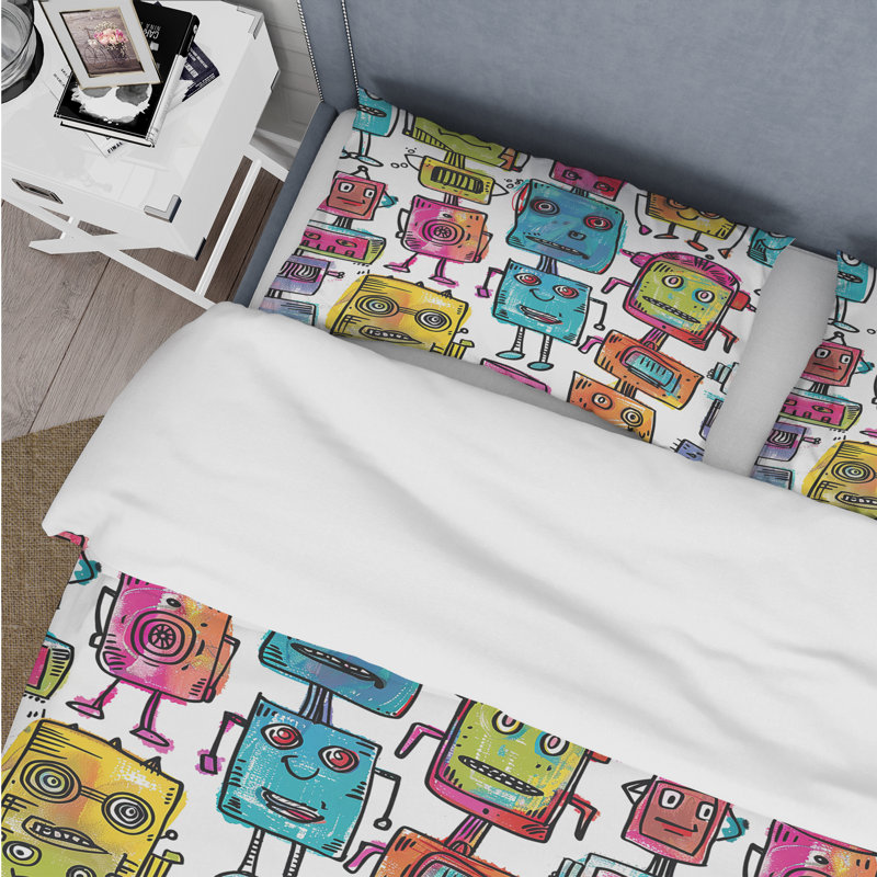 Ensemble de housse de couette rose, bleu, robot et amis III, Housse de couette très grand et 2 très grandes t