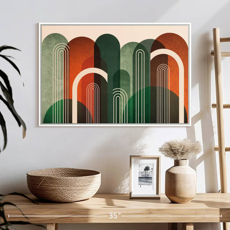 Arches du milieu du siècle, orange, vert, Cadre flottant blanc, 25 po x 17 po