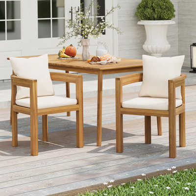 Chaise de salle à manger d'extérieur en bois d'acacia avec coussin beige, ensemble de 2