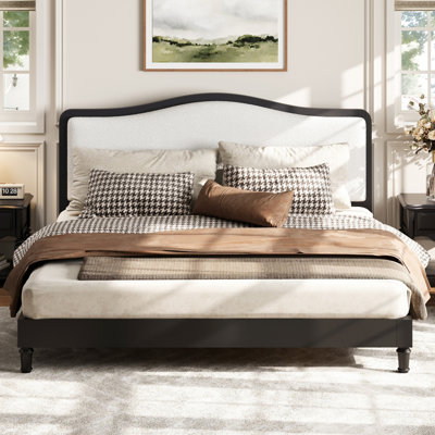 Solid Wood Platform Bed Frame with Upholstered Camelback Headboard, Cream Bouclé Loop Pile Fabric Bed, Modern Farmhouse Rustic Wooden Bed Frame, Turned Legs, No Box Spring Needed
