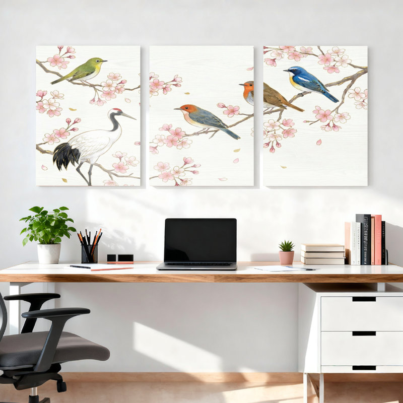 Ensemble de 3 tableaux sur toile représentant des oiseaux et des fleurs de cerisier, pour la décoration du salon et de la chambre.