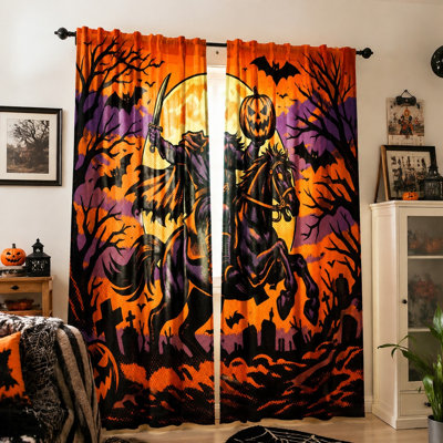 2Pcs Halloween Horseman Pumpkin Curtains, Spooky Vintage Gothic Medieval Nightmare Scene Bedroom Living Room Kitchen Rod Pocket Window Drapes, Thanksgiving