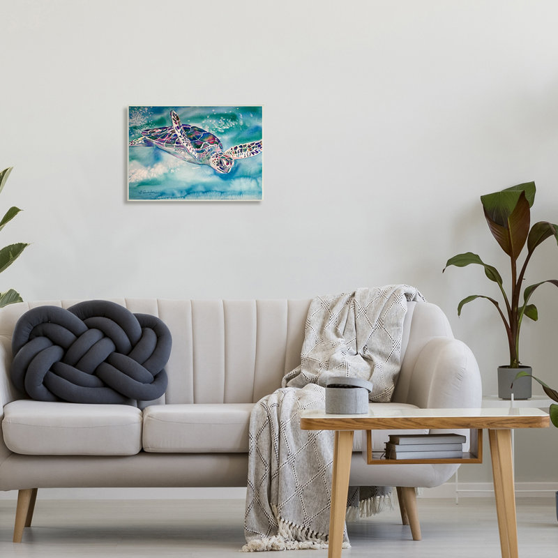 Tortue de mer nageant dans l'eau, aquarelle, reptile par MB Cunningham - Peinture, H 13 po x l 19 po x P 0,5 po, Bois