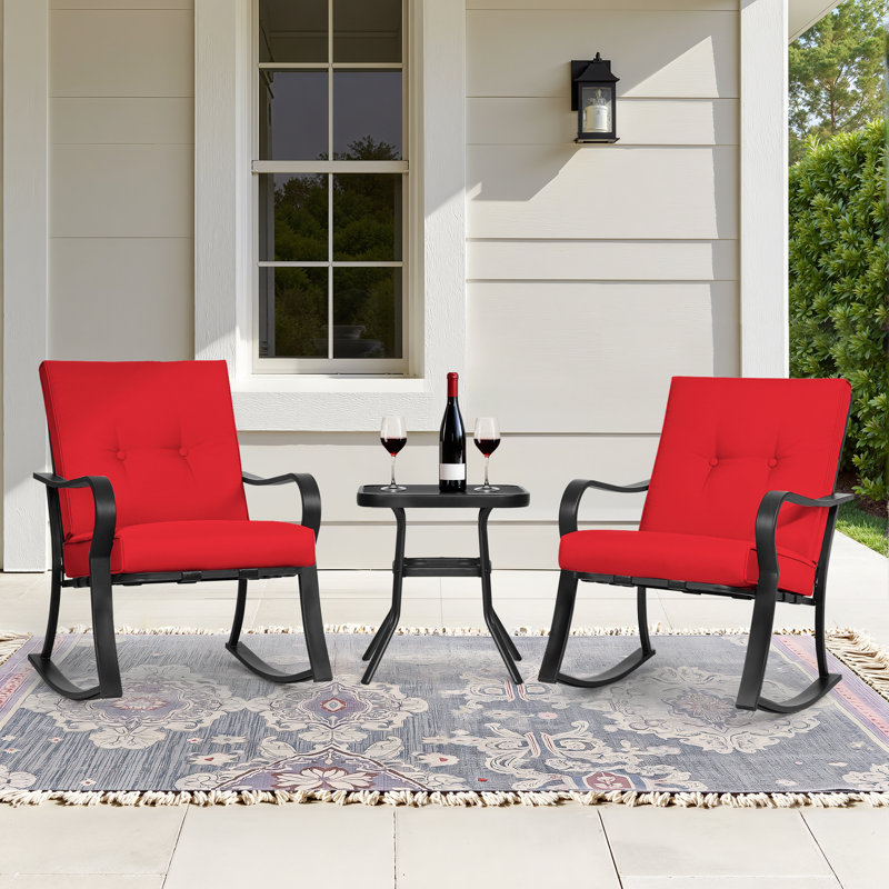 Gros Metal 2 - Person Outdoor Rocking Seating Group with Cushions, 3-Piece Outdoor Rocking Chairs Set With Glass Coffee Table
