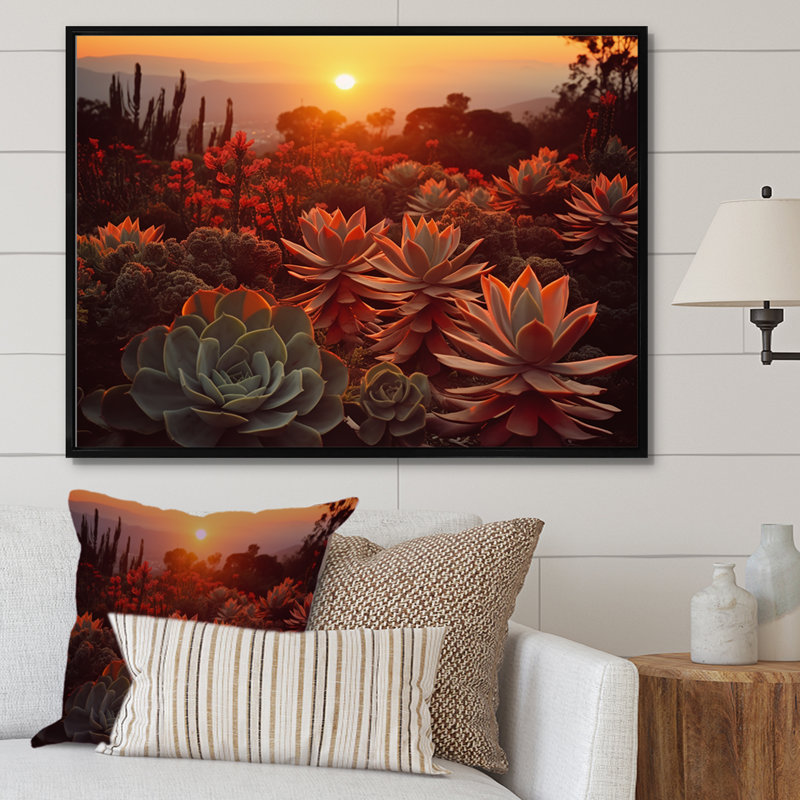 «Green» and Red Succulent Cactus Field Sunset II sur impression sur toile, H 34 po x l 44 po x P 1,5 po, Cadre flottant noir