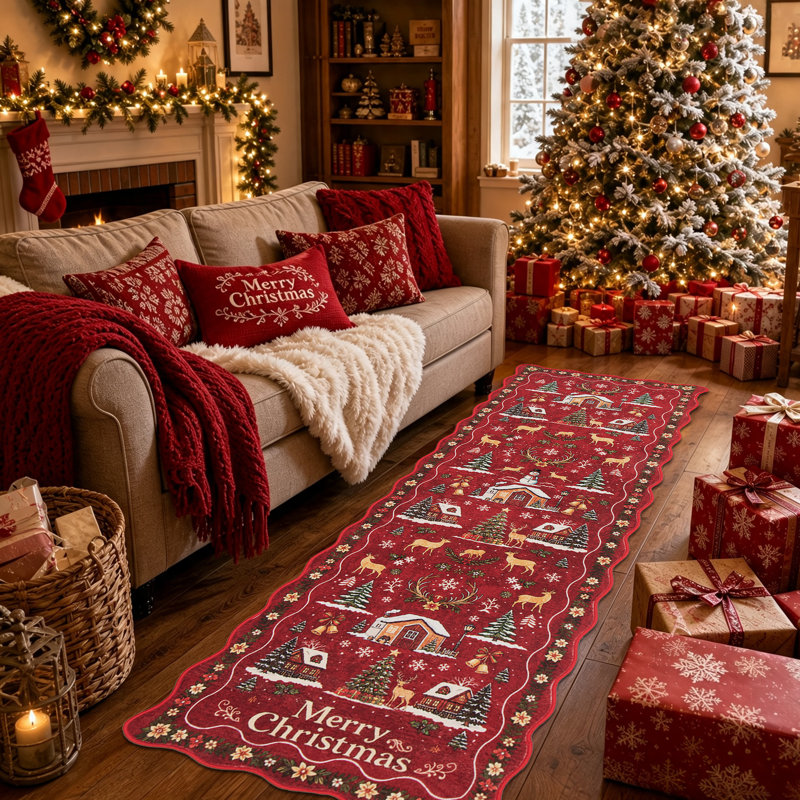 Tapis rouge festif à bordure festonnée Merry Christmas, Rectangle 72 po x 24 po